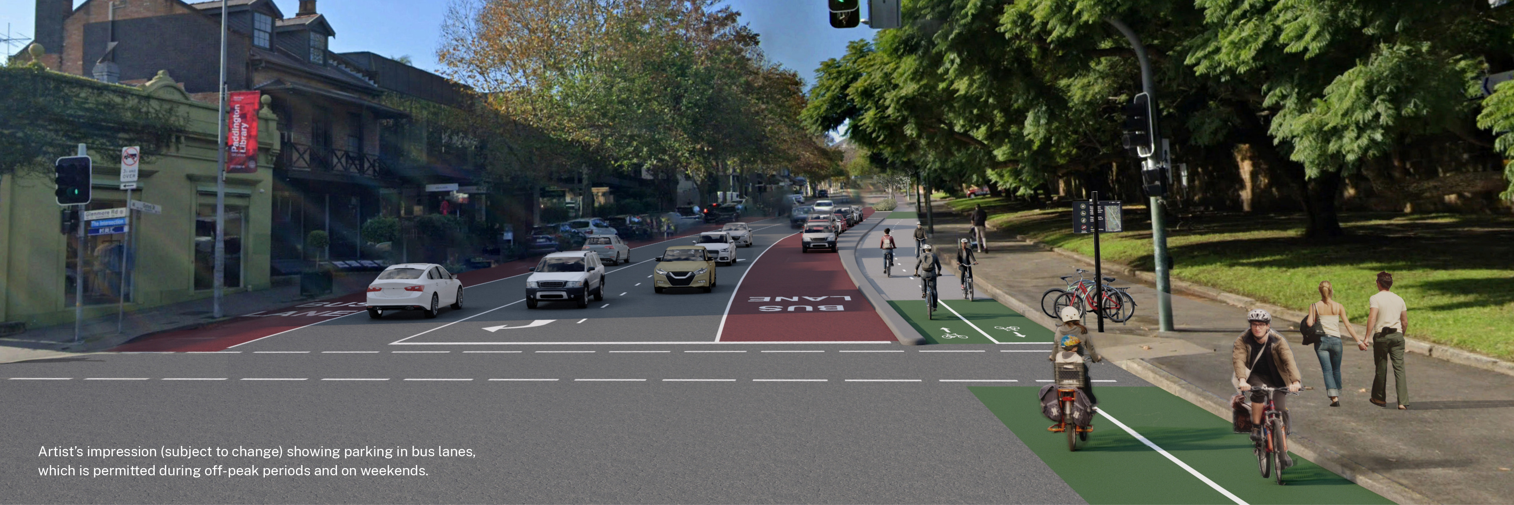 Artist's impression (subject to change) showing parking in bus lanes, which is permitted during off-peak periods and on weekends.